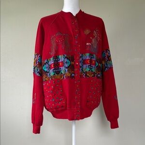 Jerzees Men's XL Red Multi-Colored Patterned Vintage Sweater Cardigan USA VTG